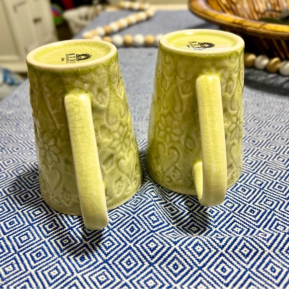 EURO Ceramic Set of 2 Lime Green Flowers Vine ‎ Coffee Tea Mug Cottage Core - Picture 6 of 6